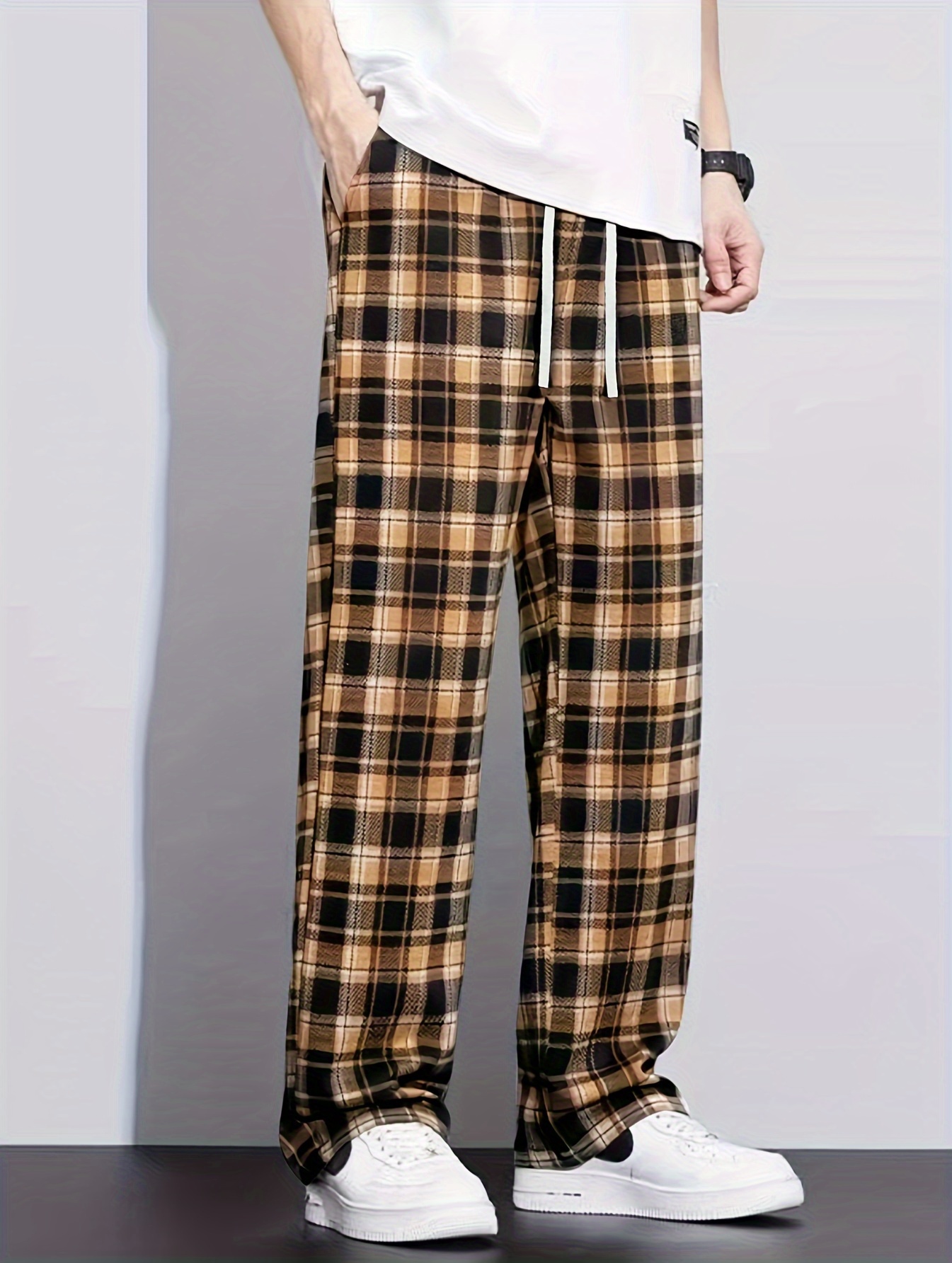 men's casual plaid pants - polyester, loose fit with drawstring waist,  non-stretch fabric, machine washable - - men's clothing - Temu Oman