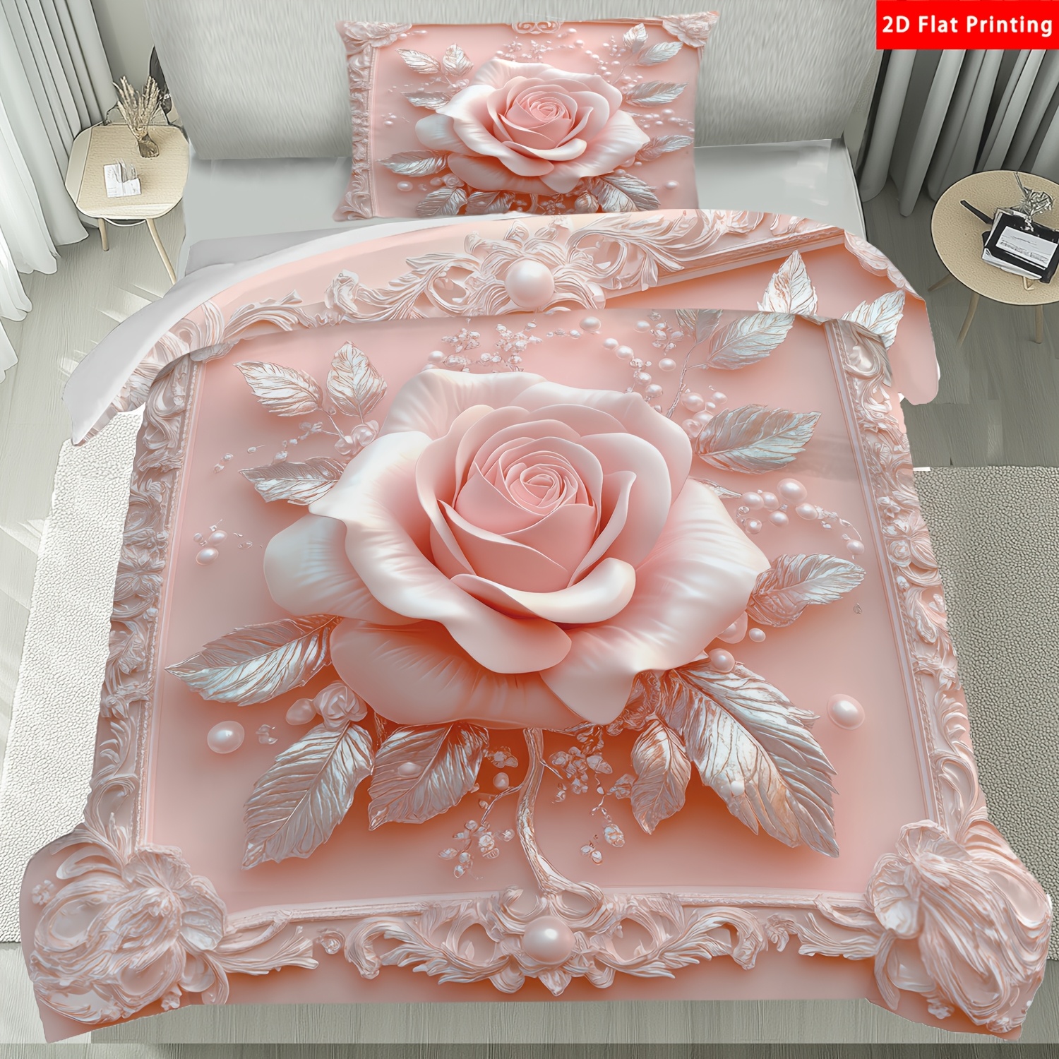 E-shop Latacaca 2/3-teiliges Bettbezug-Set mit rosa Rosen, silbernen Blättern, inklusive 1 Bettbezug und 2 Kissenbezüge, stilvolle