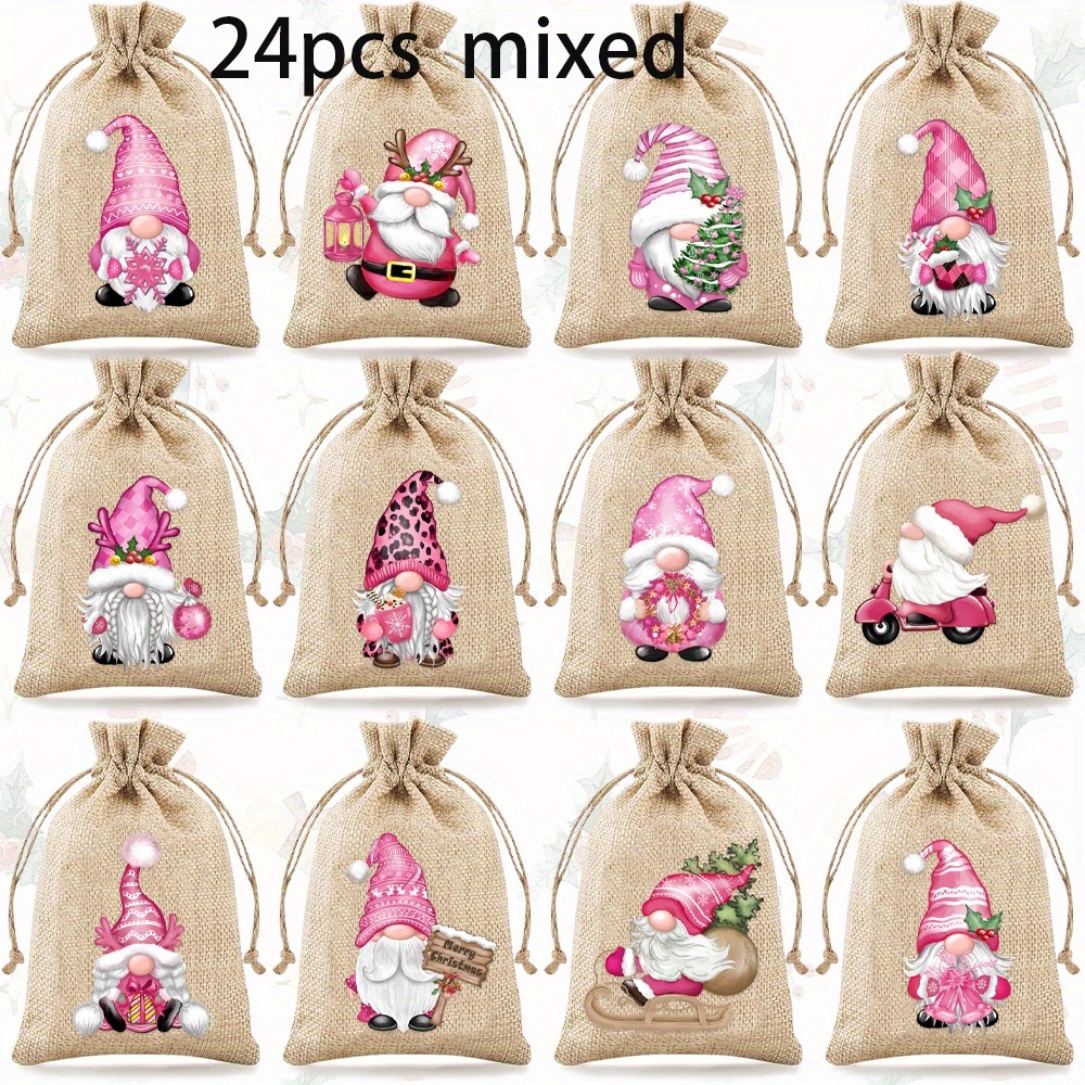 Image of Adorable Pink Santa Claus Burlap Gift Bags Featuring Drawstrings, Assorted Patterned Linen Christmas Bags Perfect For The , New Year Celebrations, And Christmas Party Favors