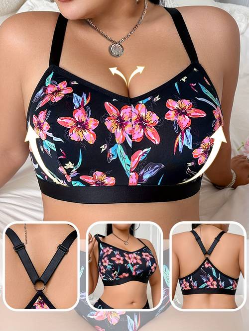 floral print plus size womens bra no underwire comfortable leisure design backless thin bra