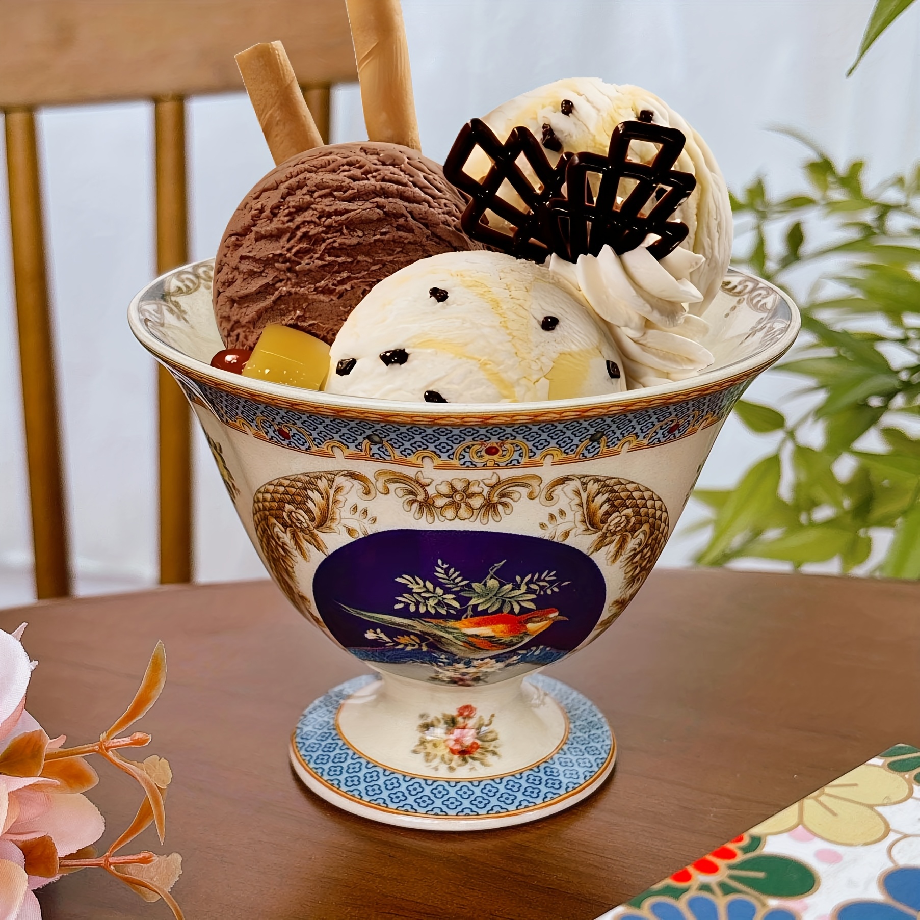 Stilvolle Vintage-Keramik-Eisbecher mit Verzierter Vogel- und Blumenmuster