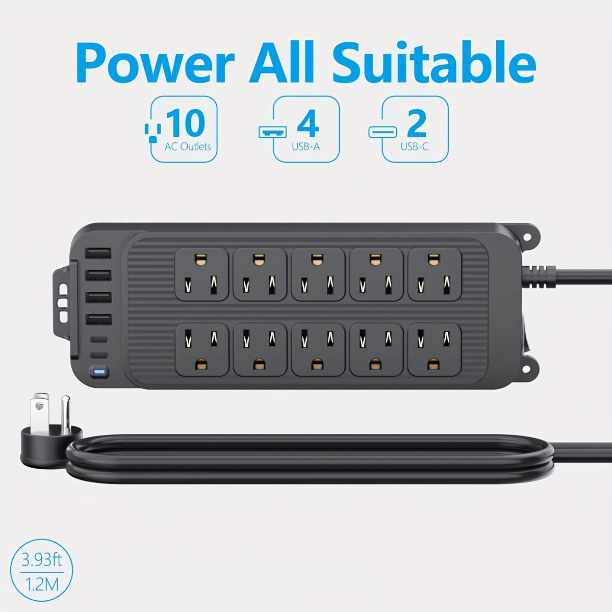 

Protector - 10 Outlets With 6 Usb (4 Usb-a + 2 Usb-c), 18w Usb C Charging, 4 Ft Extension Cord, Flat Plug, Wall Mount, Desk Usb Charging Station