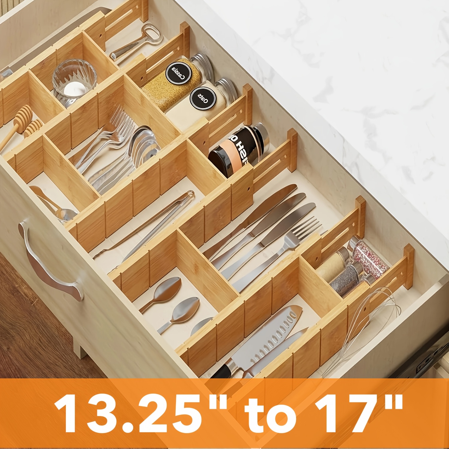 

13.25-17 In Bamboo Drawer Dividers, Adjustable Organizers With Labels And Inserts For Dressers, Kitchen, Office, Desk & Drawer Organizer For Home Storage