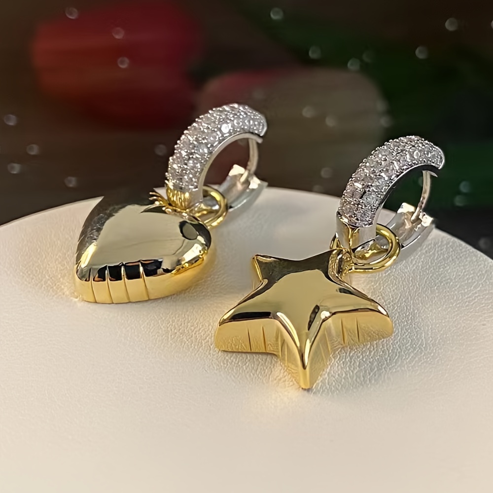 E-shop Neue modische Damenohrringe, asymmetrische Ohrringe mit Stern- Herzanhängern. Schmuck mit gemischter Farbkombination, goldener Herzanhänger,