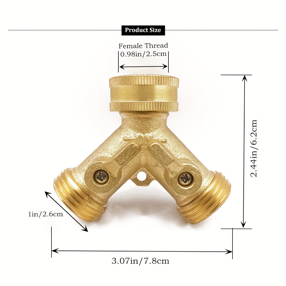 A Solid Brass Heavy-Duty Dual-Direction Y-Shaped Water Faucet Diverter, Weighing 166G, Made of Brass, Featuring a Garden Hose Splitter with Two Outlets And a GHT 3/4 Connector Valve, Includes Two 3/4
