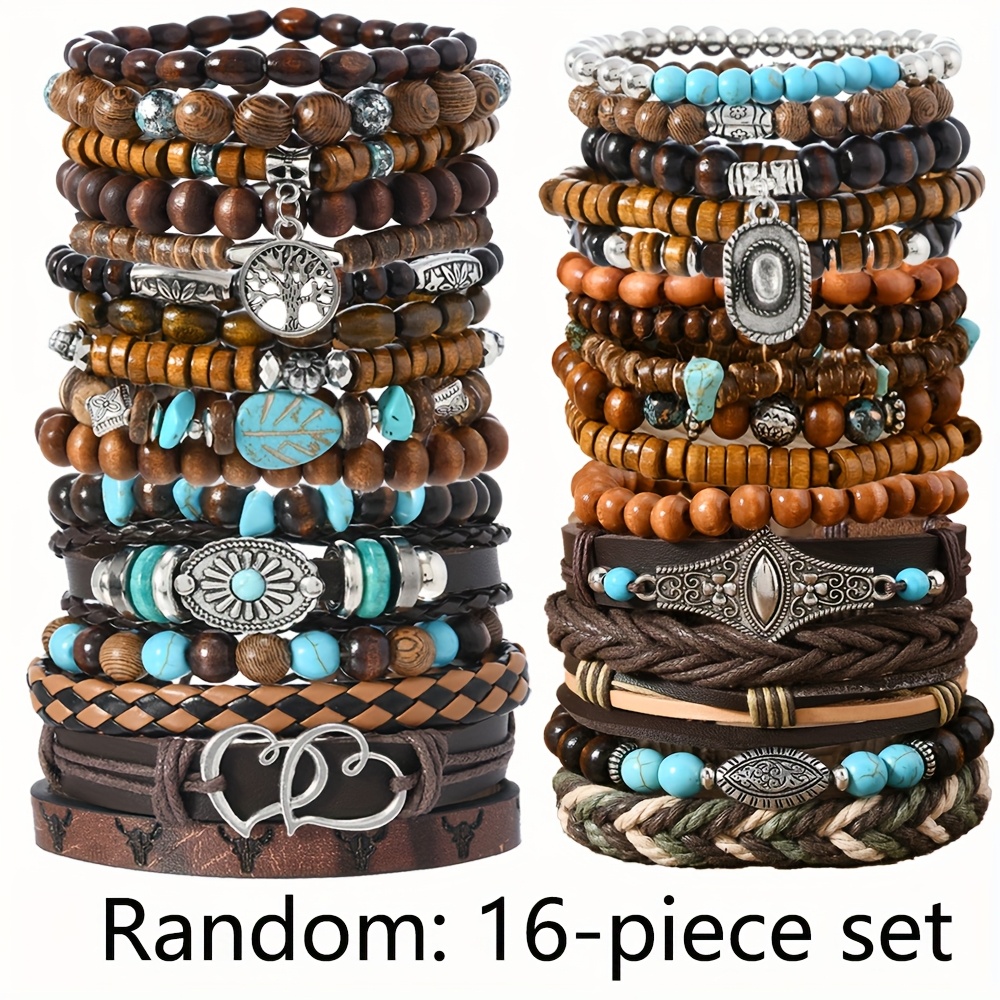 Image of Western Style Fashion Vintage Wooden Beaded Pu Leather Random 10/11/15/16/32pcs Set, Pattern And Color Random, Assorted Bracelet Set, Christmas Gift, Halloween Gift, New Year's Gift
