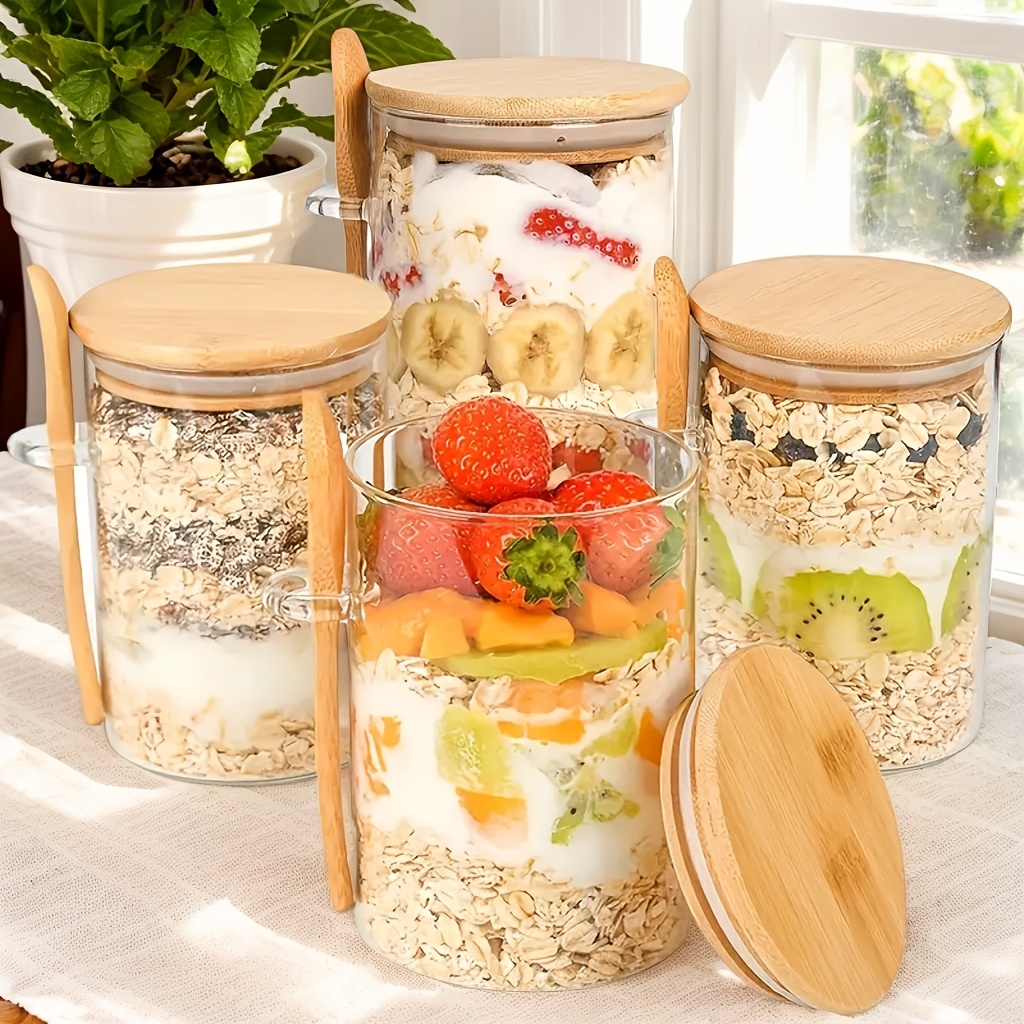 

Overnight Oatmeal Jars With , 4pcs Set Of 20oz Glass Food Storage Containers With Spoons, For Pudding, Salads, , Flour, Pudding Yogurt, Coffee Beans, Matcha, Flour, Sugar, Nuts, Sour Dough Jars