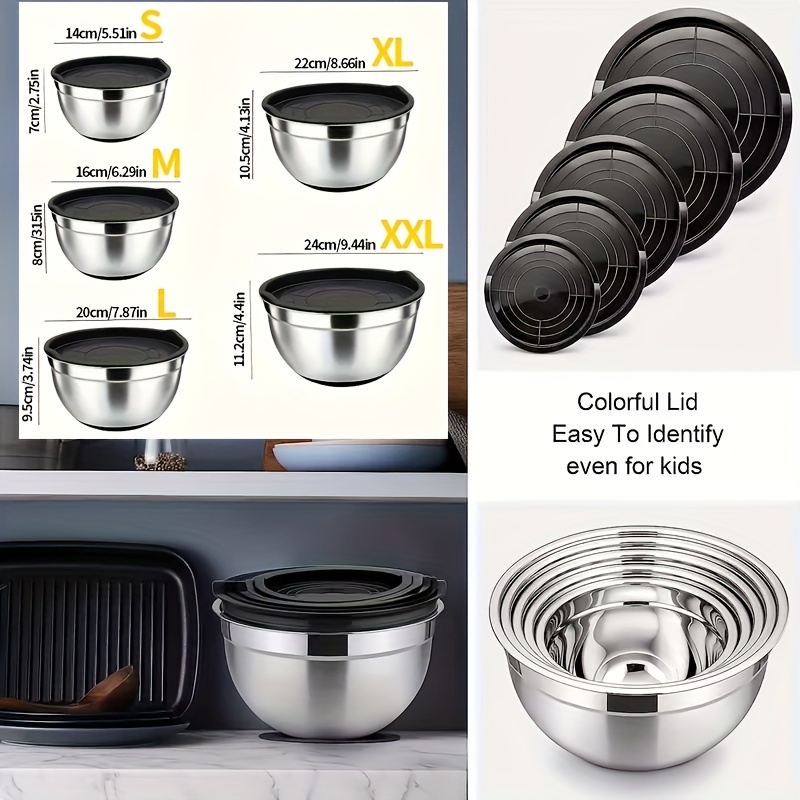 5pcs Set Stainless Steel Nesting Bowls With Airtight Lids, Mixed Bowl Set Of 5, For Kitchen Baking, Service, Fruit Bowl Vegetable Bowl, Kitchen Supplies Kitchen Accessories Home Kitchen Supplies