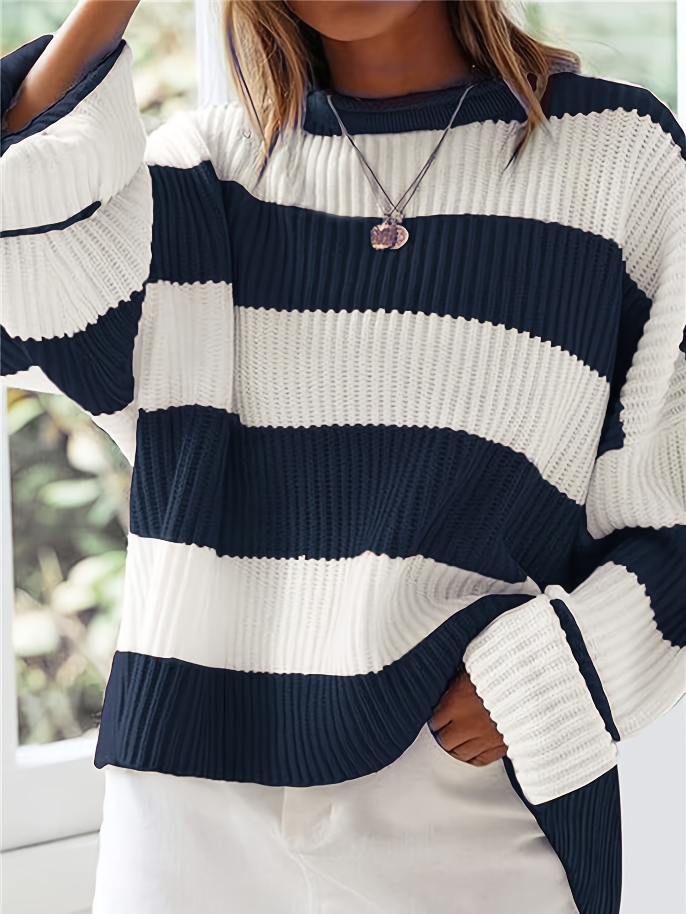 new stylish and versatile loose fit pullover sweater with autumn and winter striped colors and   shoulders   a relaxed look