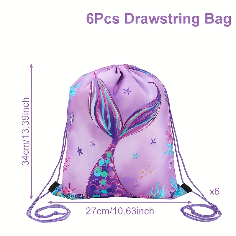 TEMU 3/6pcs Mermaid Tail Drawstring Gifts Bag - Vibrant Under The Sea Party Favor Bags With Starfish & Coral Design, Durable Polyester For Birthdays,