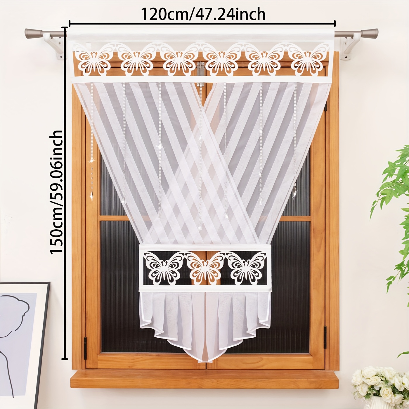 Image of Decorative Curtain Panel - V-shaped Semi-sheer With -shaped Cut-out Felt And Beaded Trim, 1pc, 120x150cm, Rod For Easy Hanging, Modern Art For Living Room Or Kitchen