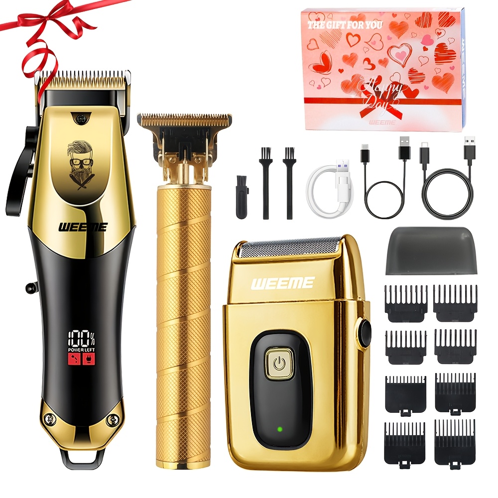 TEMU WEEME Blonde Tondeuse à Cheveux pour Homme 1 pièce/3 pièces. Chargement USB, Écran LCD. Tondeuse Professionnelle Noire et Dorée + Rasoir Doré