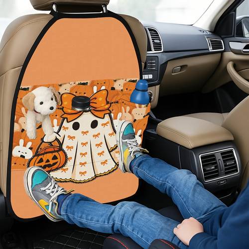2pcs halloween cute pumpkin lantern print themed car seat kick mats dirt resistant and wear resistant backseat anti scratch protective pads and remove maintenance a must have for car use an holiday gift