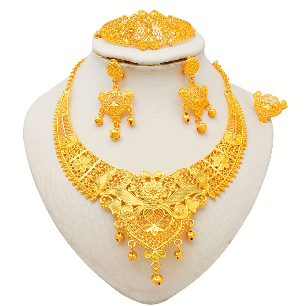 TEMU Luxury India Dubai Jewelry Set For Women Large Wide Necklace Set Nigeria Morocco Bridal Wedding Party Gift