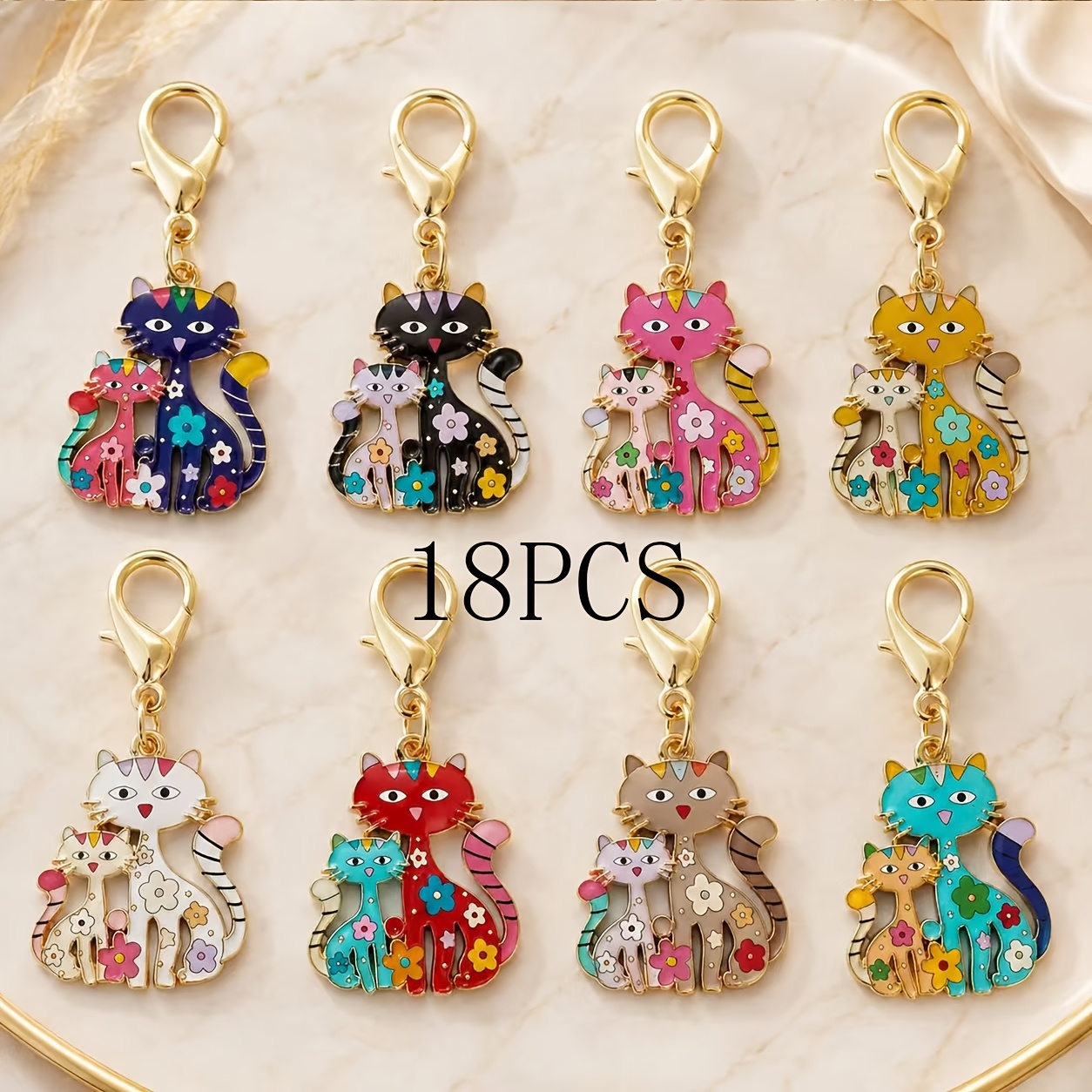TEMU 18pcs Colorful Flower Cats Random Keychain - Cute Alloy Metal Key Rings With Lobster Clasp, Ideal Birthday Gift For Women And Ladys,