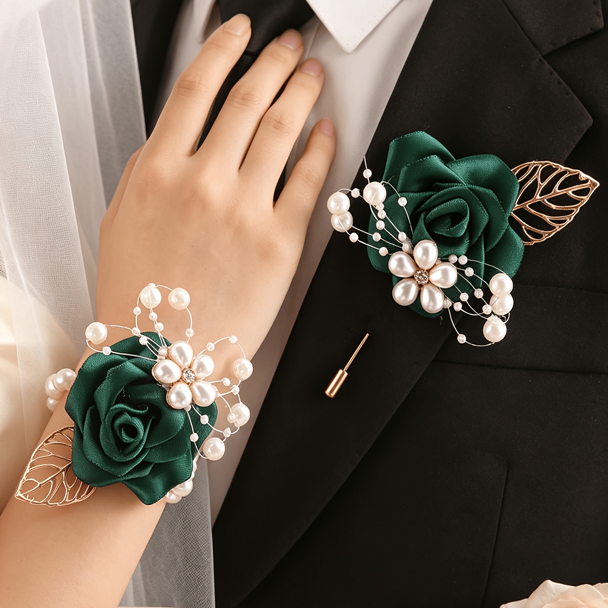 TEMU 2pcs Set: Wrist Corsage + Boutonniere Set, Elegant Beaded Decoration For Bride And Groom Boutonniere, Three-dimensional Ribbon Simulated Dark