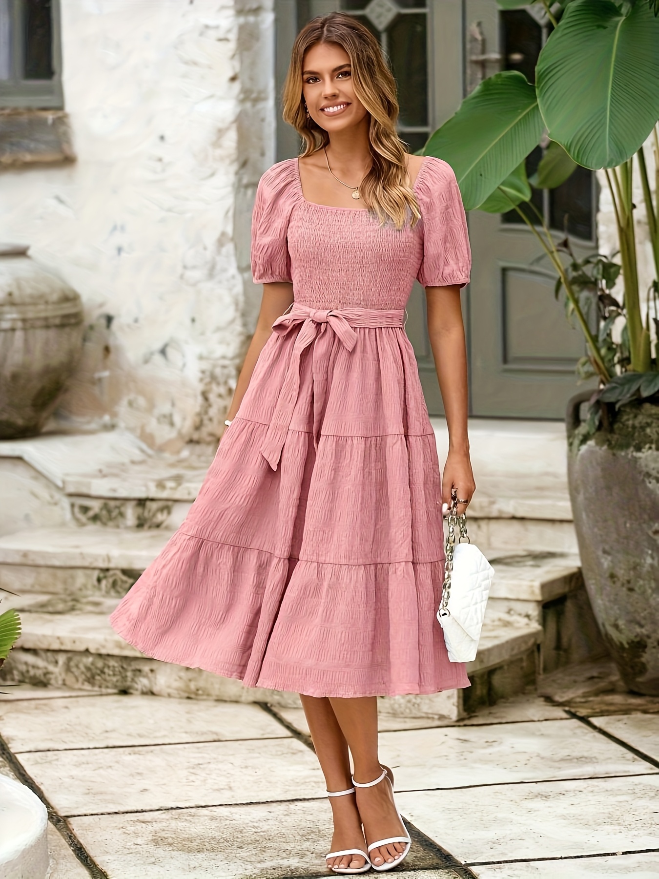 casual pink midi dress with sleeves The Evette Baby Pink Midi Dress - All Dresses