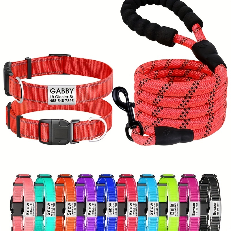 TEMU [custom Product] Personalized Reflective Dog Collar And Leash Set With Safety Locking Nylon Pet Collars Adjustable For Small Medium Large Dogs,