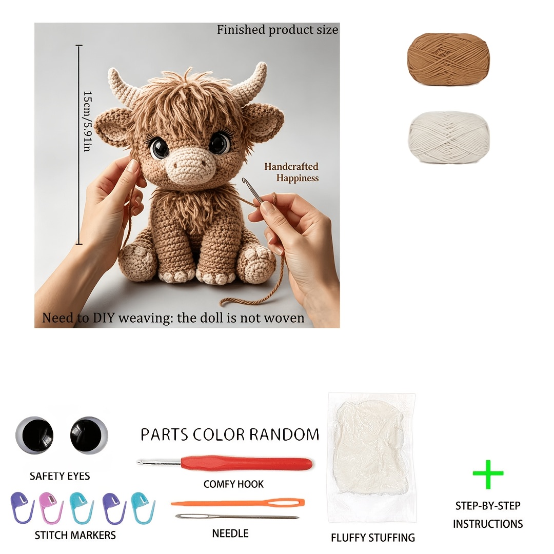 TEMU 1 Set, Latest Cute Scottish Highland Calf Crochet Material Kit, Designed For Beginners, Easy To Start. Uses Amigurumi Knitting Craft, . Includes