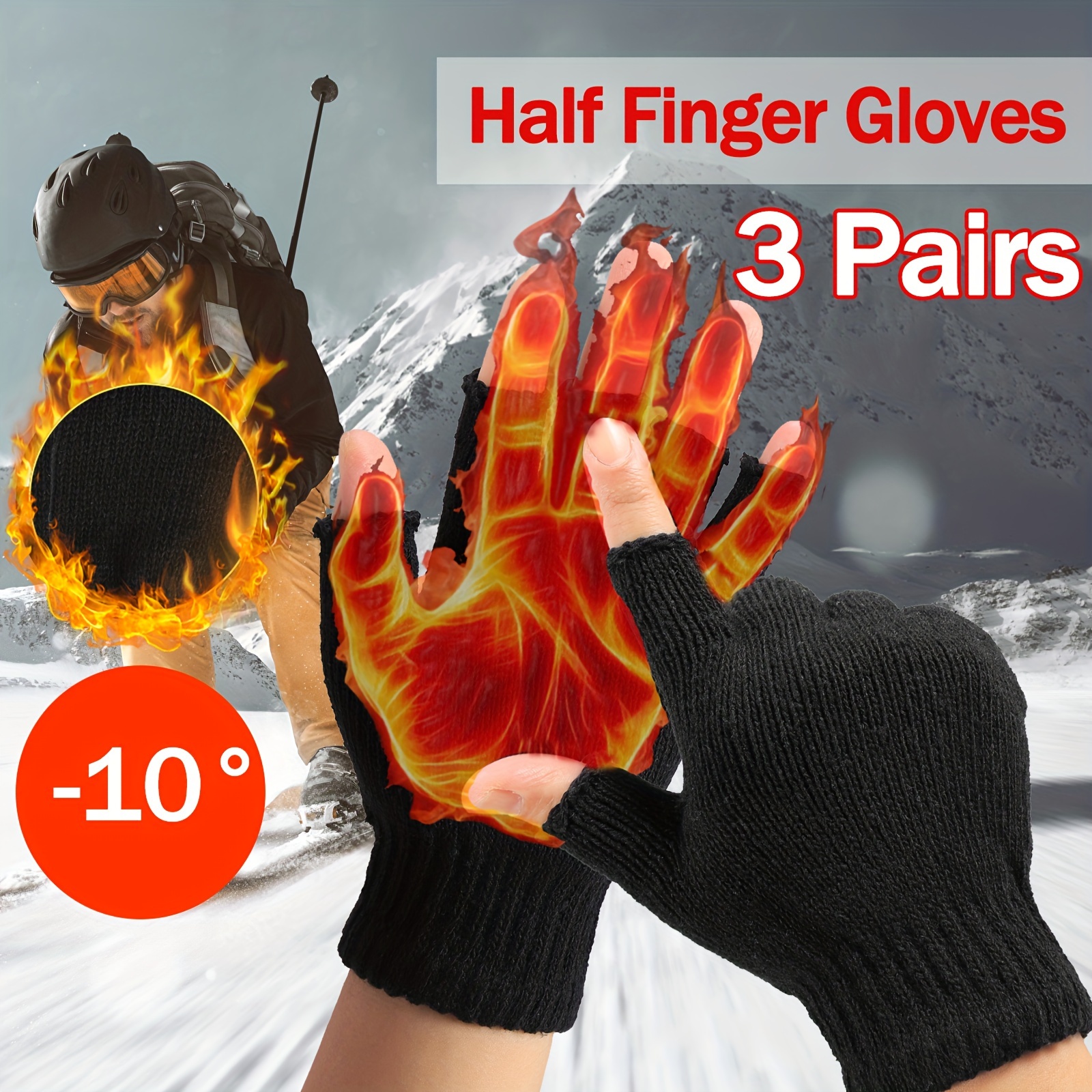 

3 Pairs Women Fingerless Gloves Winter Half Finger Knit Gloves For Women Men - Black