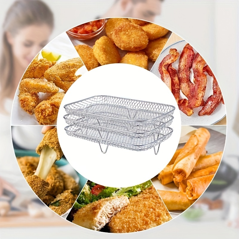 8pcs stainless steel bbq grill set with 3 layer air fryer rack double layer skewer stand meat vegetable holder and diy   maker   oil brush details 6