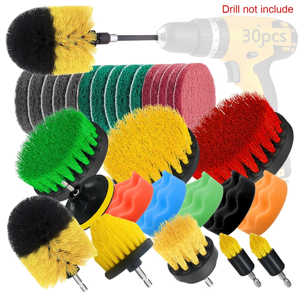 

30pcs Drill Brush Attachment Set - Cleaning Kit For Cars, Bathrooms, Kitchens & More - Plastic/metal Construction, Extended Rod, Floor & Carpet, Glass