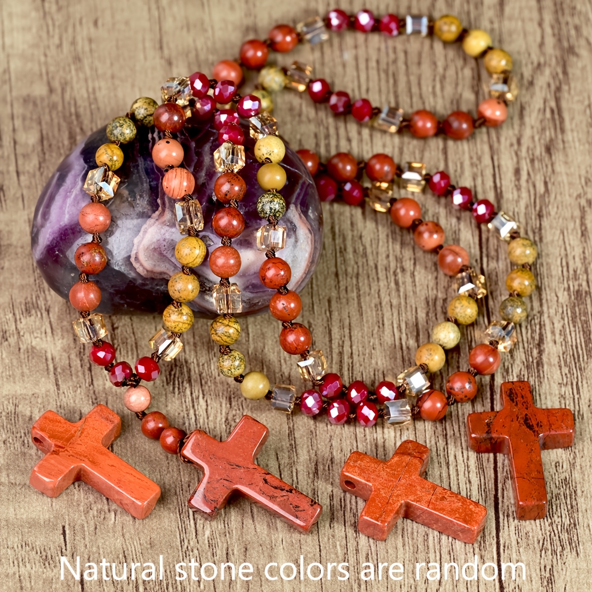 Women's Boho Red Jasper Cross Long Pendant Necklace, Vintage Handmade