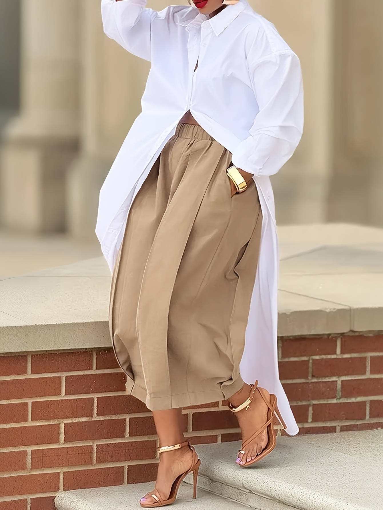 Womens Casual Loose Fit Solid Color Wide Leg Pants Pockets