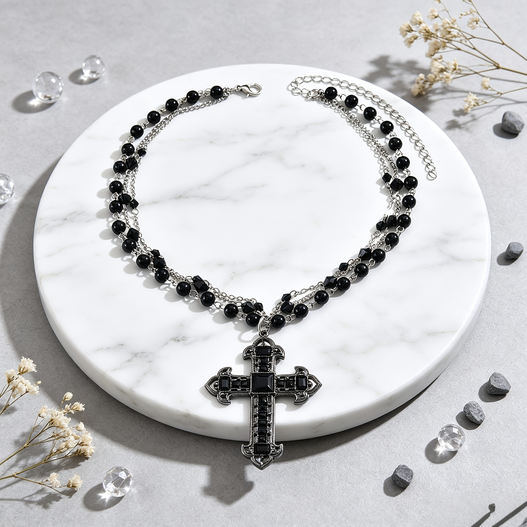 Women's Multi-Layer Black Bead Chain with Vintage Cross Pendant Necklace