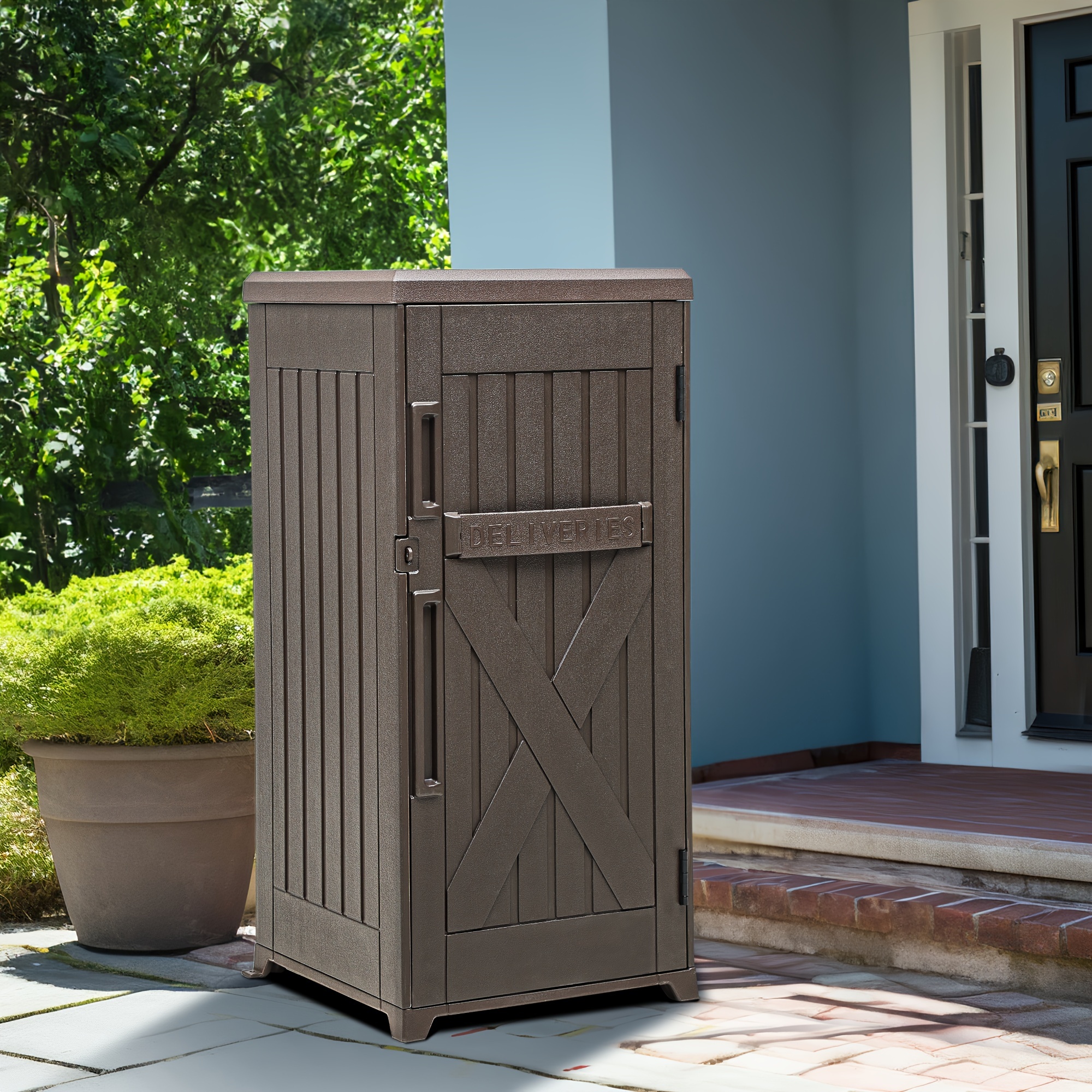 

Homiflex 60 Gallon Large Package Delivery And Storage Box With Lockable Secure, Double-wall Resin Outdoor Waterproof Deck Box For Porch, Curbside, 8.5 Cubic Feet, Brown