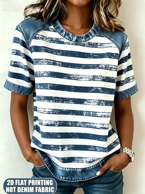 item picture printed pants not denim fabric womens striped denim 2d printed casual color block short sleeved loose blouse daily wear vacation fashion womens clothing digital printing non denim fabric