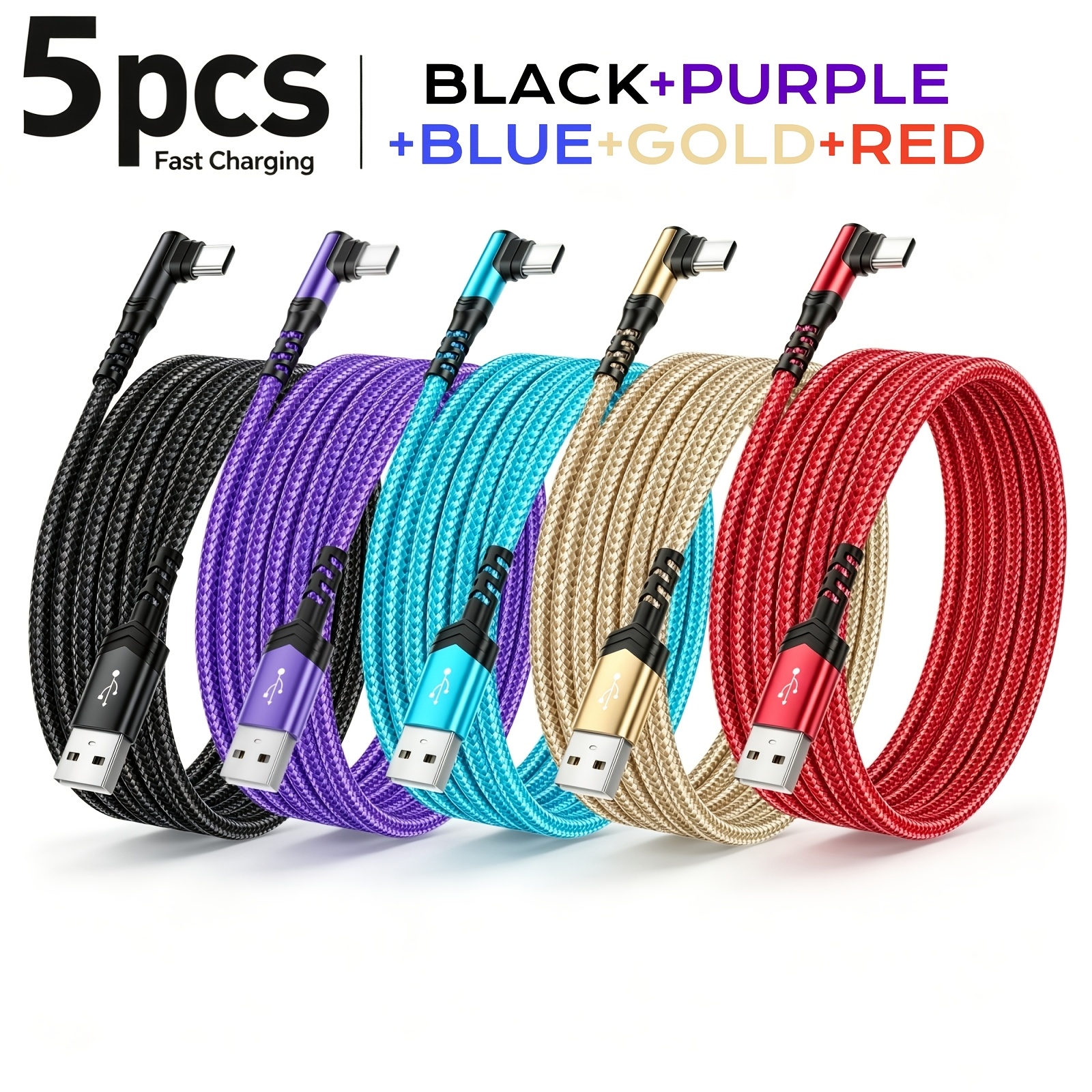 TEMU 5pcs Right Angle Usb To Usb C Cable, Nylon Braided Anti- Design, Usb To C Fast Charging Cable Suitable For Iphone, For And Other Smartphones,