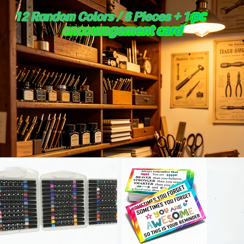 TEMU 12-color Glitter Marker Set - Graffiti Shimmer Watercolor Pens, Includes 1pc Encouragement Card, Water-based Markers, Professional Art Use,