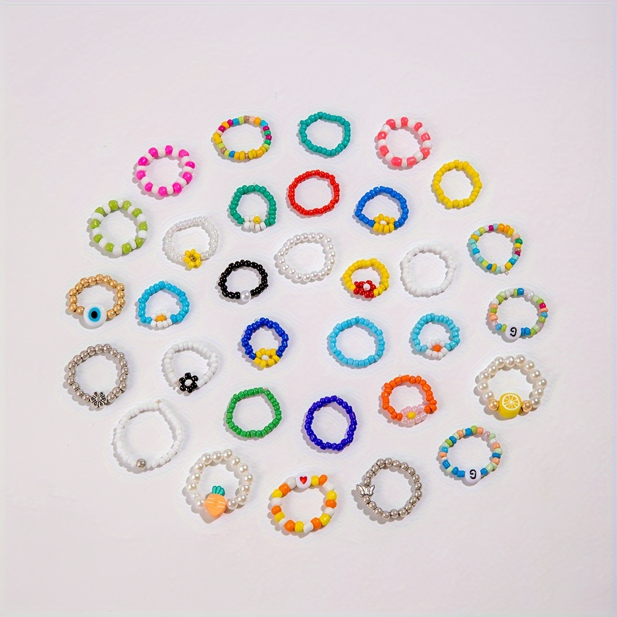 

10pcs/mix Style Fashionable Creative Cute Cartoon Carrot Lemon Ring Set Vibrant Colorful Rice Bead Ring Set