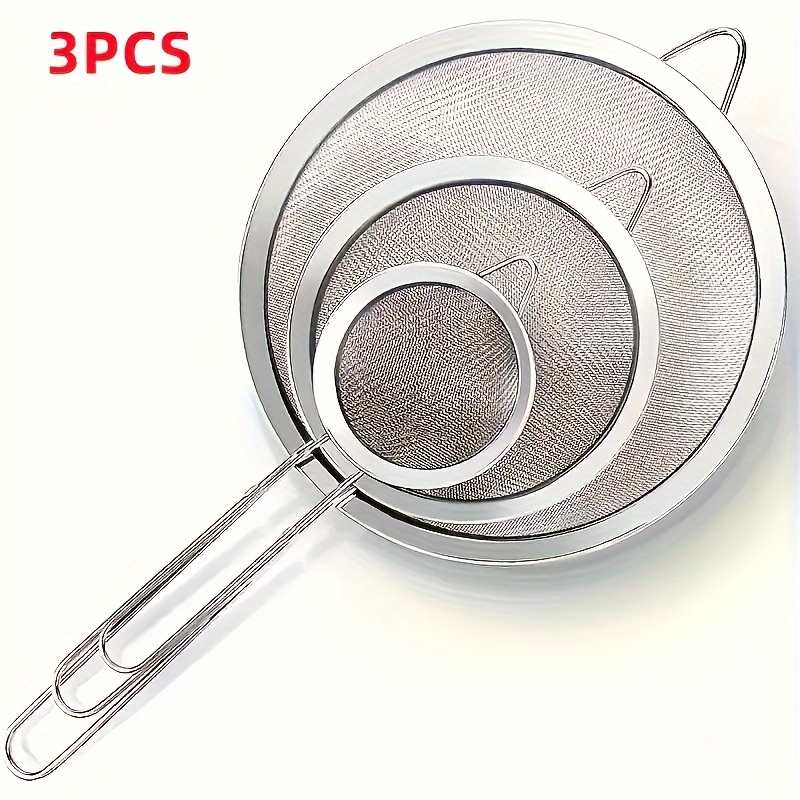 

3-piece Stainless Steel Fine Mesh Strainers Set With Supportive Ear Hangers, Durable Kitchen Food Filter For Tea, Juice, Flour, Soy Milk - Versatile Kitchen Tools