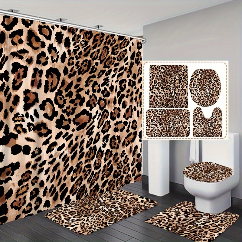 

1/3/4pcs Leopard Print Shower Curtain Set, Non-slip Rugs, Toilet Lid Cover And Bath Mat, Durable Waterproof Bathroom Curtain With Free Hooks, Bathroom Accessories