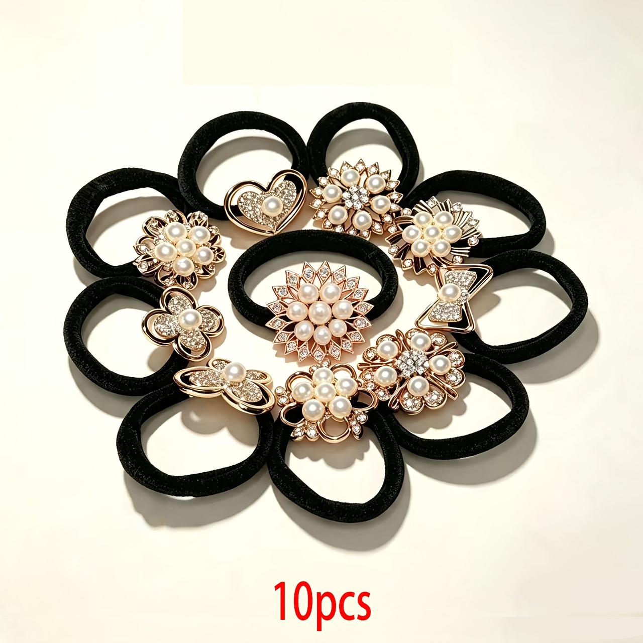 Image of 10pcs Rhinestone Embellished Hair Band, Cute Elastic Jersey Material, Includes Minimalist & Elegant Styles Women's Hair Ties