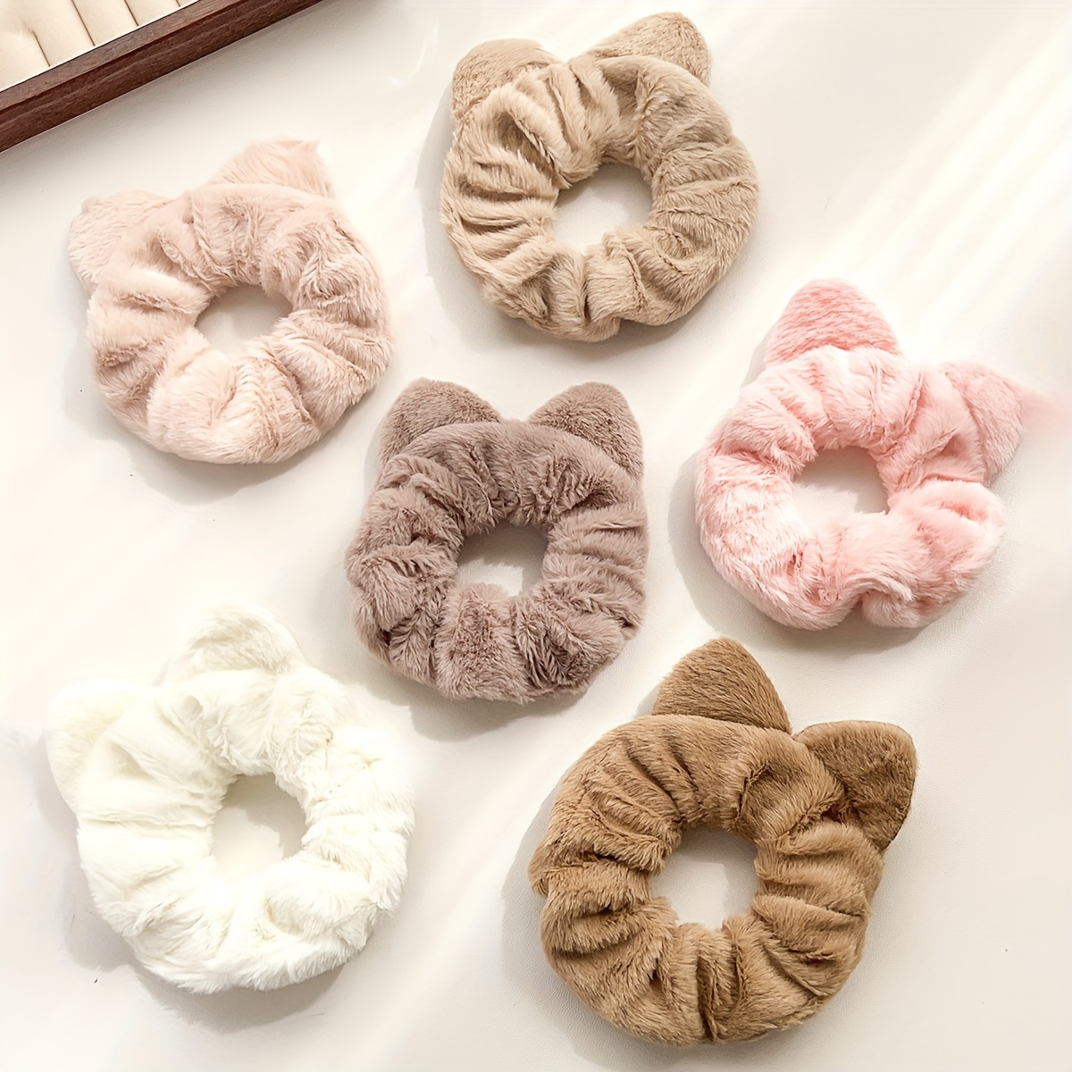 Image of A Set Of 6 Cute Plush Solid Color Hair Ties Designed Like Adorable Cat Ears, Soft And Fluffy, Providing Gentle Protection For Hair With High Elasticity And Skin-friendly Material