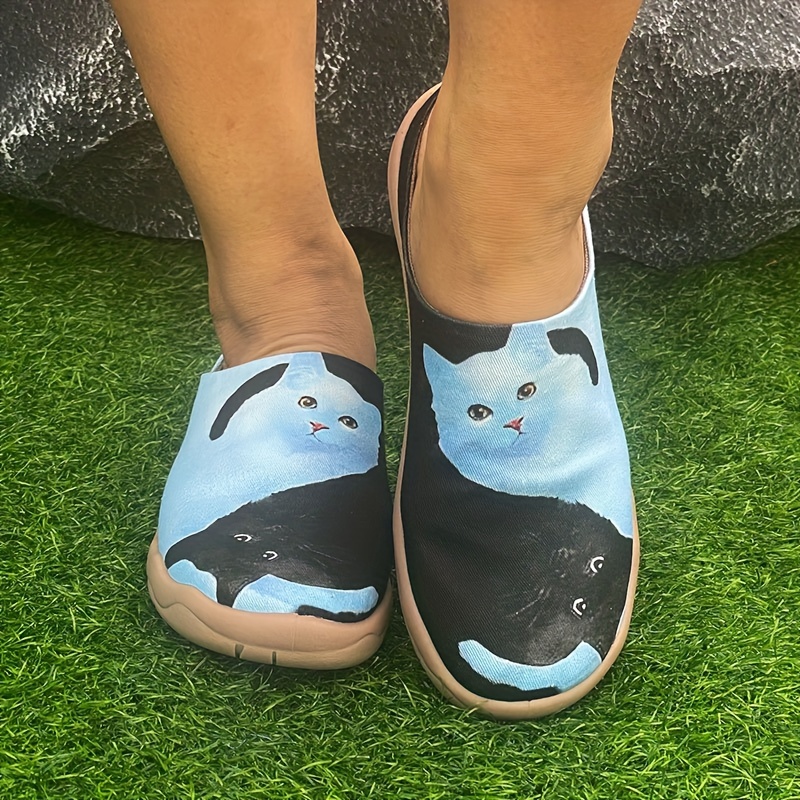 

Women's Fashion Floral Slippers, Casual Round Toe Outdoor Simple Slides, Lightweight Slip-on Walking Shoes With Cat Design, Breathable Fabric