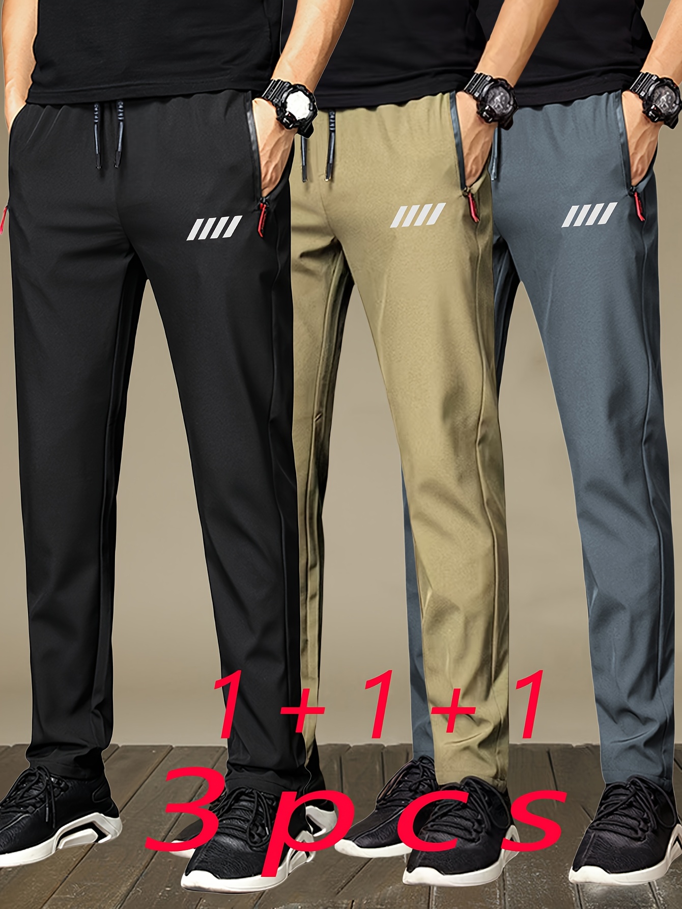 item picture 3pcs mens athletic joggers with zipper pockets stylish printed design breathable lightweight fabric for summer sports and casual wear perfect gift idea modern athletic pants practical  