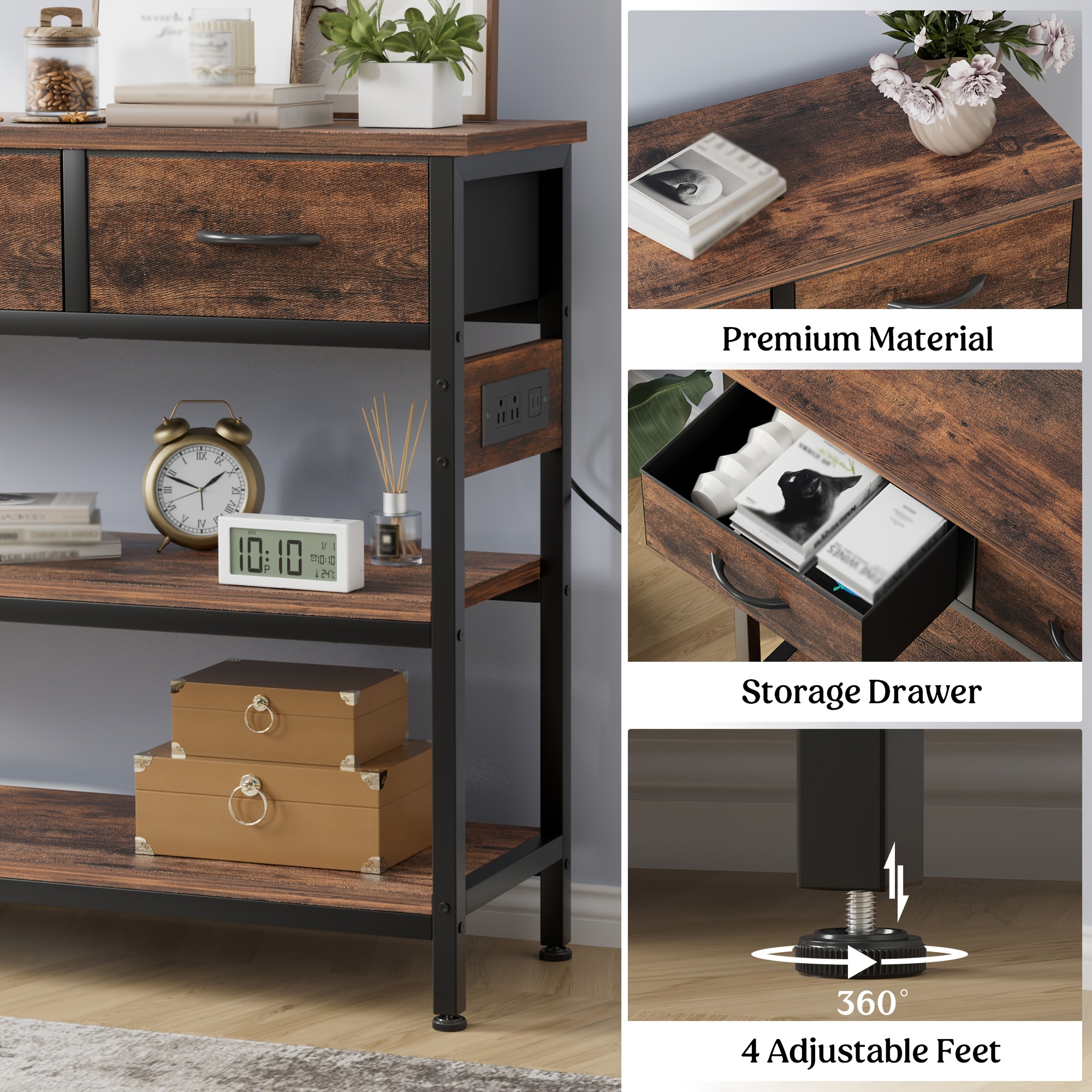 3-Tier Console Table with Charging Station (2 AC Outlets + 2 USB Ports) - Hardwood Entryway Sofa Table with 3 Breathable Fabric Drawers & Open Shelves, Adjustable Feet, Modern Rustic Design for Narrow Spaces, Living Room, Hallway