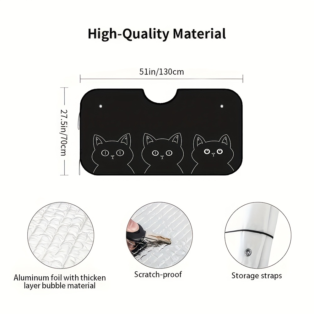 TEMU 1pc Cute Black Cat Pattern Car Sunshade - Foldable Windshield Visor With 3 Adorable Cat Designs, Vehicles, Durable Sun Protection For Driving,