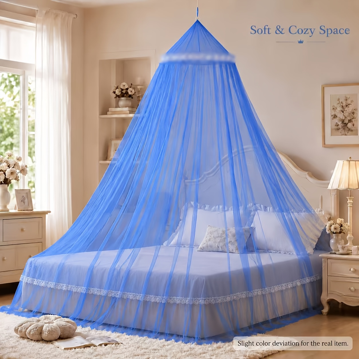 TEMU Canopy Net For Bed, Light Luxury Hanging Dome Bed Canopy, Soft Breathable Mesh Net, Elegant Bedroom Decor For 1.2-1.5m Bed, White Blue Optional