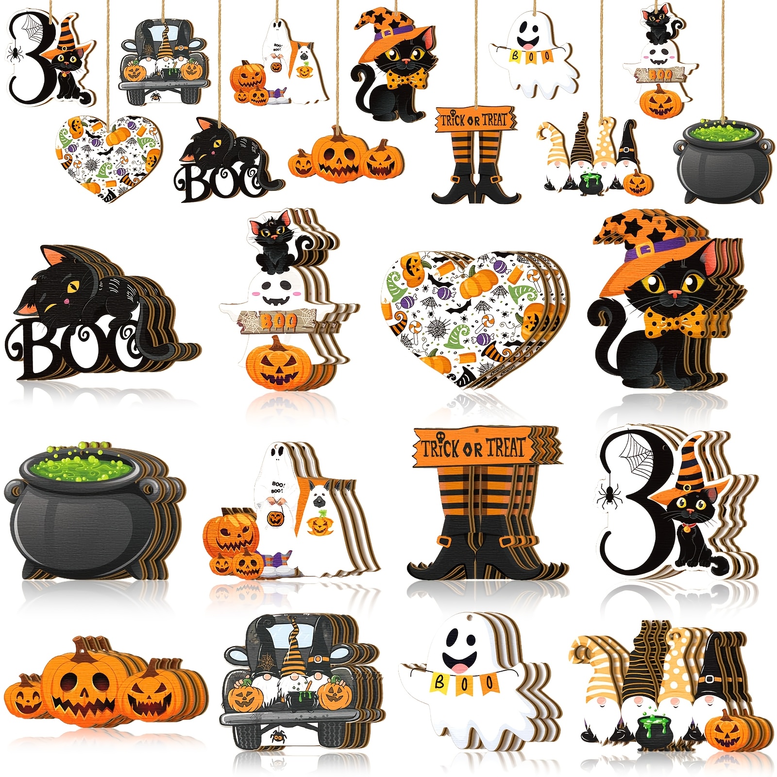 TEMU 12pcs Halloween Tree Ornament Hanging Decorations Truck Black Cat Pumpkin Ornaments With Rope Halloween Home Fireplace Sign Decor Pendant Gift