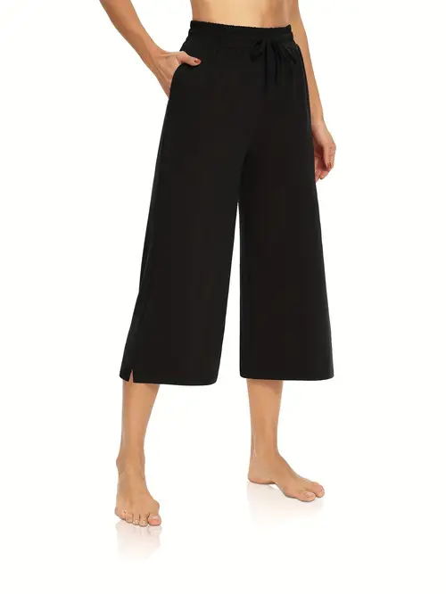1pc of womens plus size wide legged capri pants with pockets loose drawstring casual and comfortable capri pants