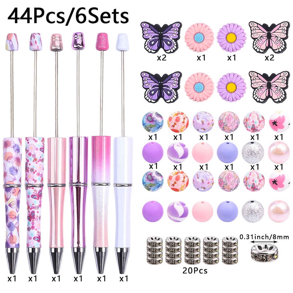TEMU 6 Sets Of Valentine's Day Purple Daisy Silicone Bead String Pen Set 1 Mm Round Pen Making Set, Office And School Writing Additions With Silicone