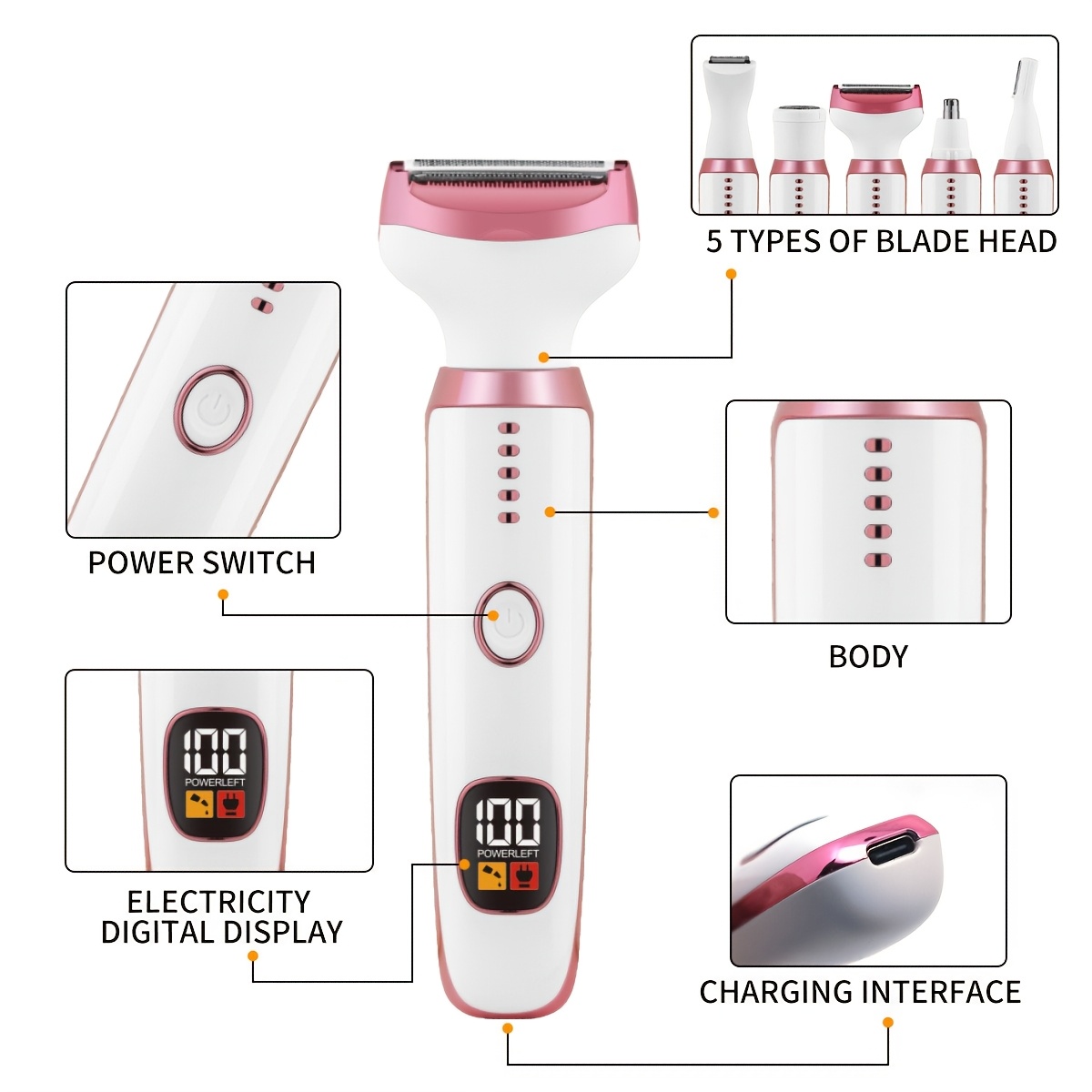 1pc   5 in 1 electric   and trimmer set for women usb rechargeable hair removal kit with   facial body leg bikini underarm grooming mechanical shaving 36v lithium battery Product details 6