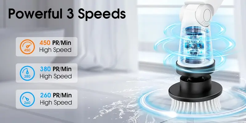 brosse de nettoyage électrique fil 9 têtes de brosse remplaçables 3 , 5200 mah, brosse de douche réglable avec poignée dextension rétractable, pour salle de bain, cuisine, baignoire, toilettes, carrelage, fenêtres détails 2