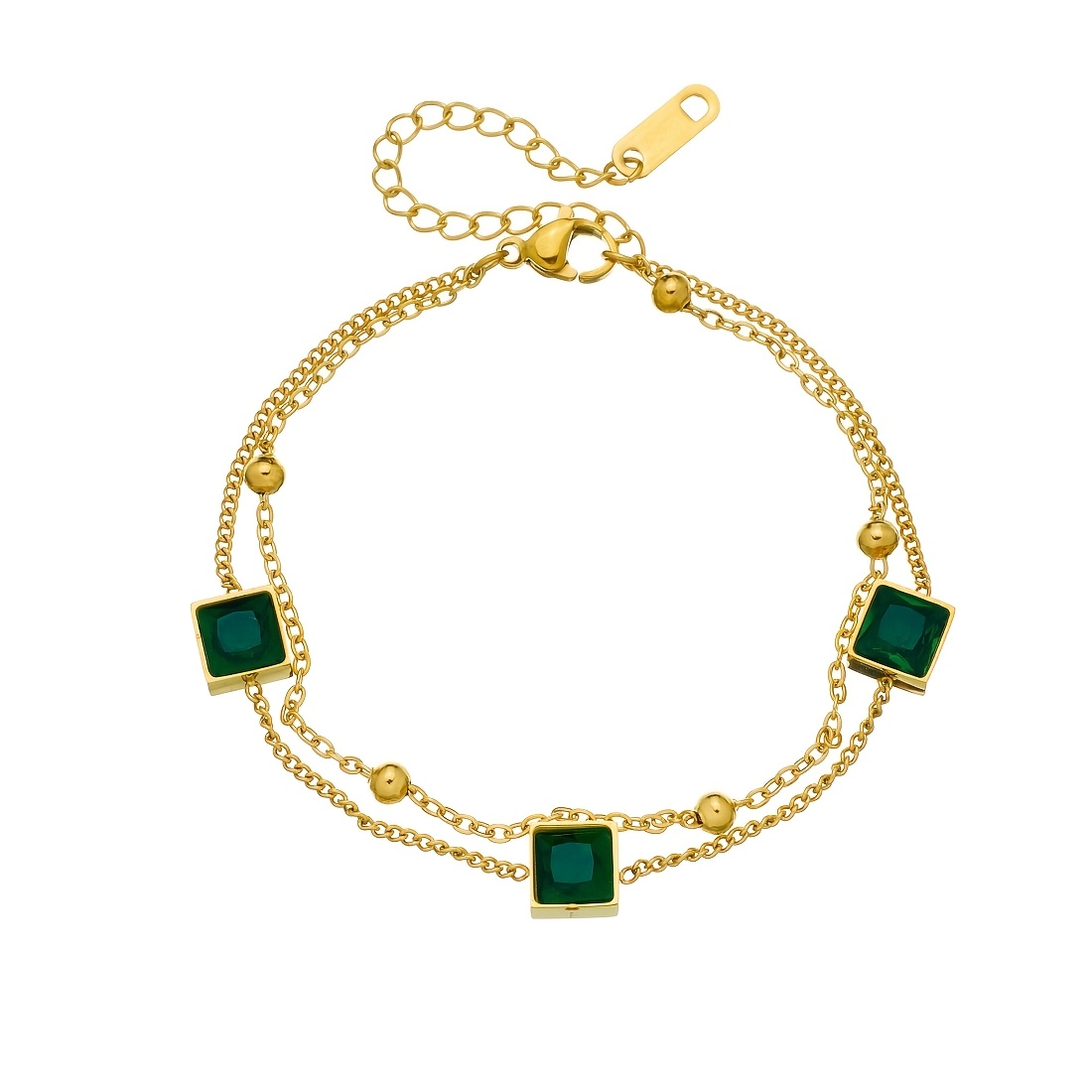 304 Stainless Steel Women's Bracelet Golden Double-layer Chain Green Square Glass Pendant Fashionable  Party Jewelry Gift