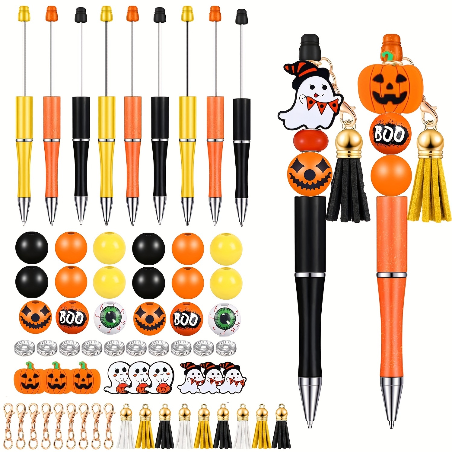 

Halloween Beaded Ballpoint Pen Kit - 9 Piece Set With Tassels And Charms, Plastic Twist-action Rectangle Body, Medium Point For Diy Crafts, Suitable For Students And Office Use, Age 14+